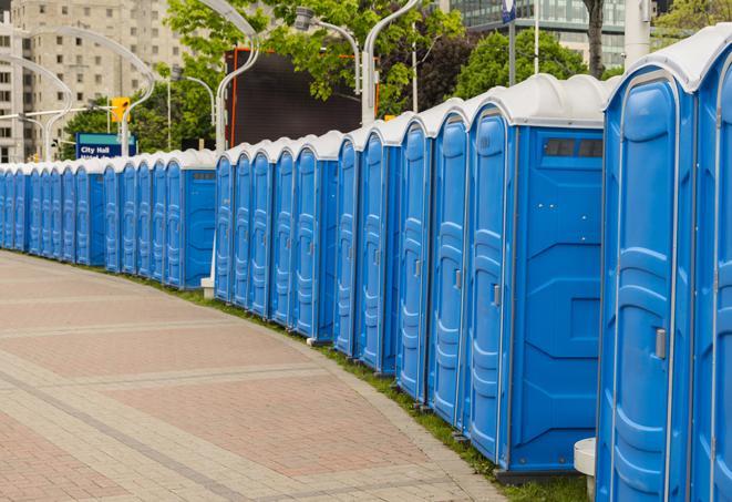 a fleet of portable restrooms ready for use at a large outdoor wedding or celebration in Addison